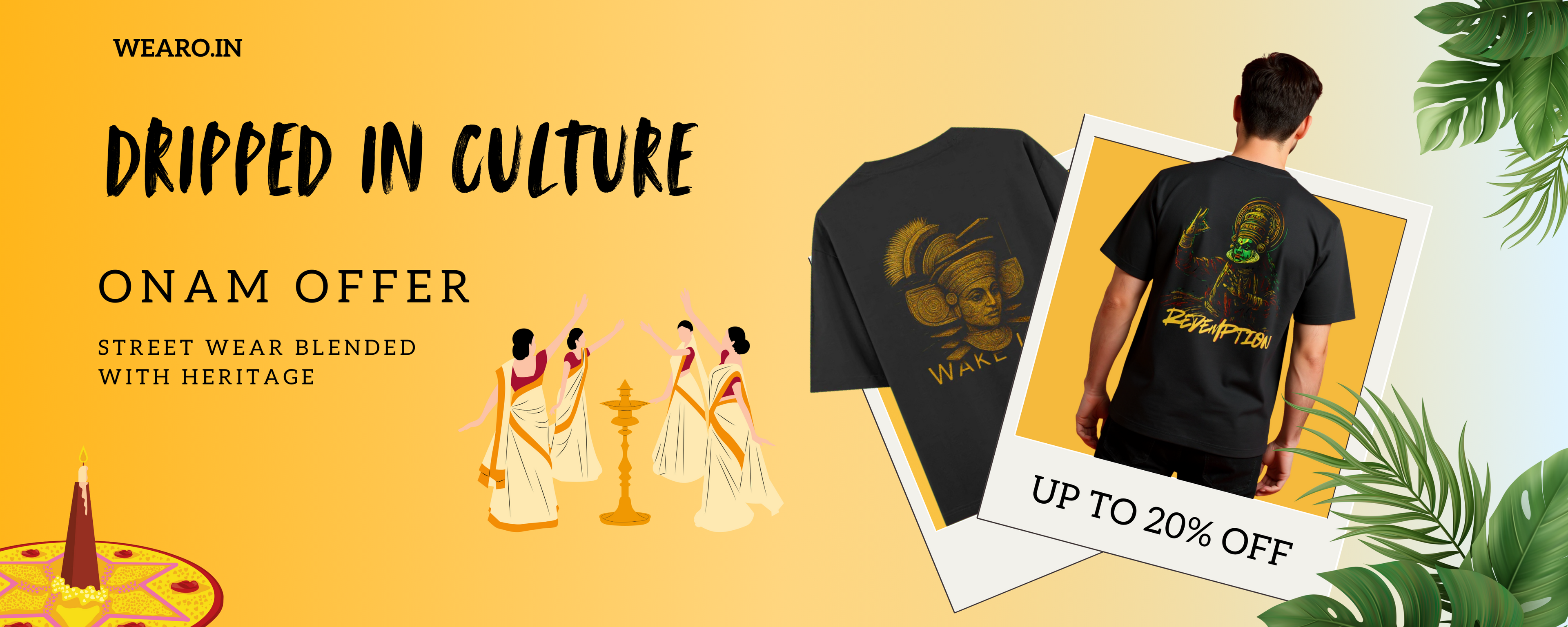 Promotional banner for WEAROO.IN with t-shirts and people performing a traditional dance on a yellow background.